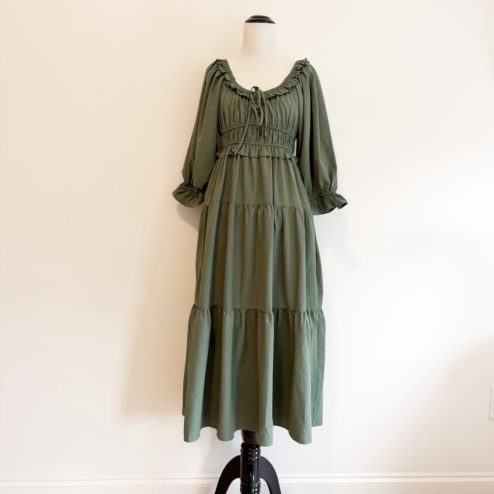 entro Olive Green Tiered Maxi Peasant Dress